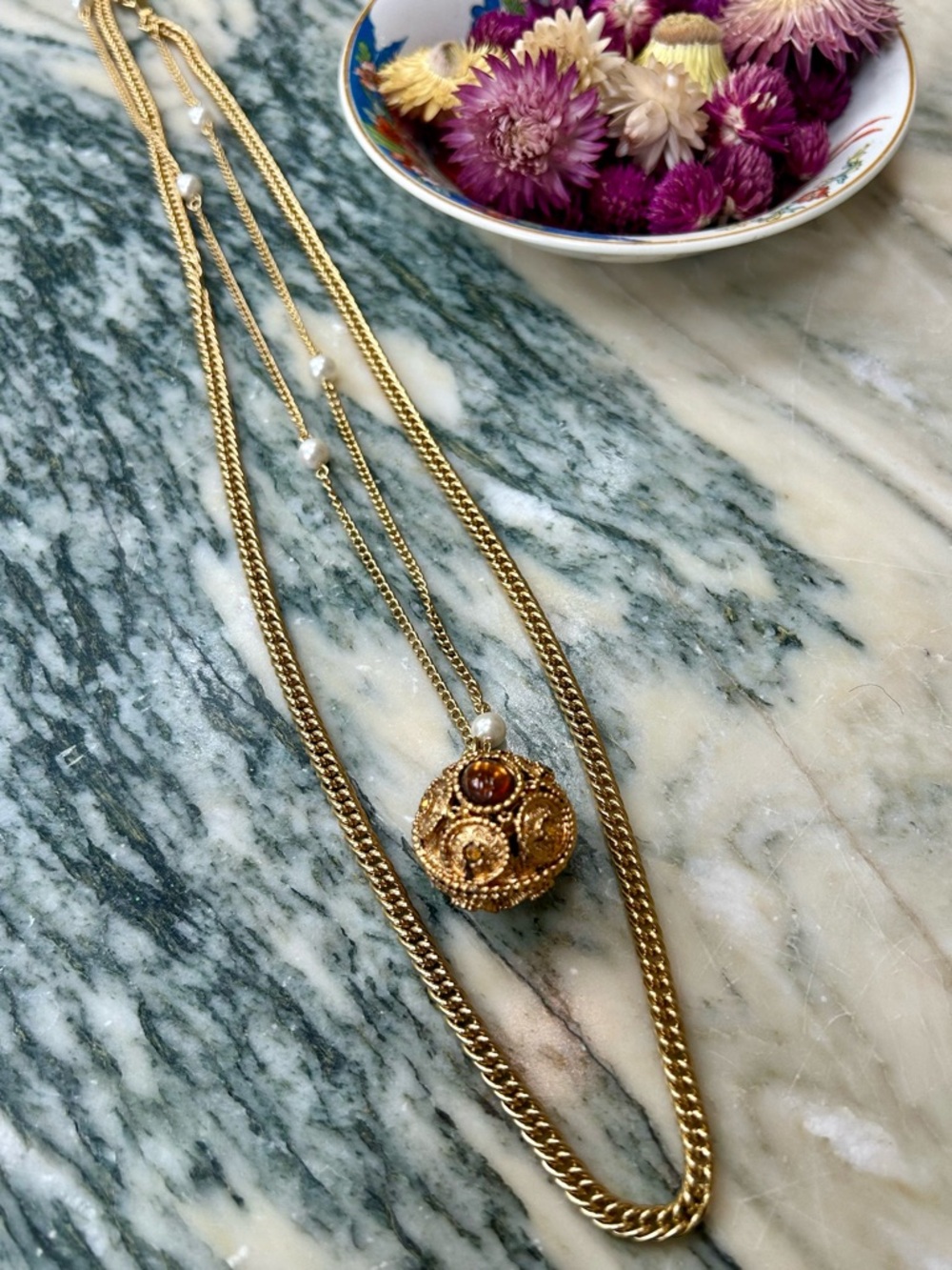 Gold Double Strand Orb and Pearl Necklace